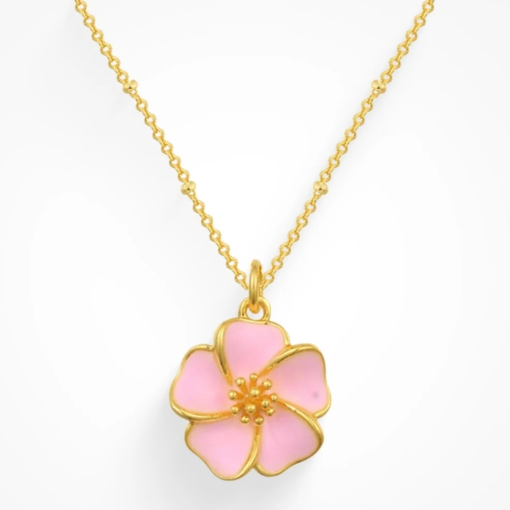 Gold and Pink Honolulu Flower Pendant Necklace